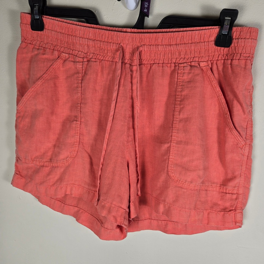 Allen Allen 100% Linen Shorts Women Coral Drawstring Waist Casual Pockets Size L